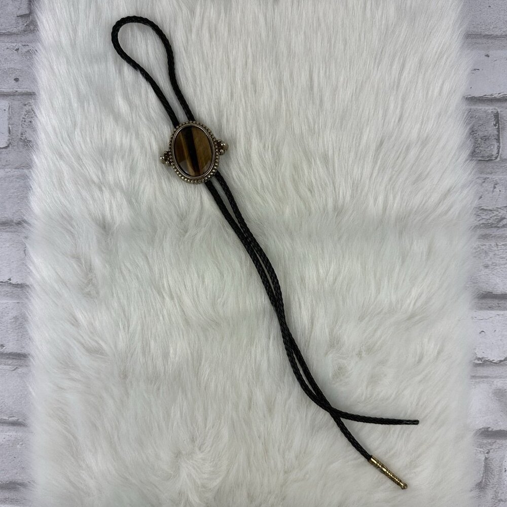 Tiger's Eye Stone Mens Bolo Tie Cowboy Vintage Alloy Waxed Rope Wedding - Picture 2 of 4